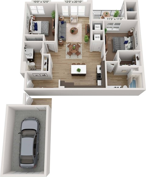 Floor plan for 2 beds, 2 baths, 1143 sqft